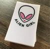 Close up view of Close up view of Samples of  Alien girl 30mm x 50mm Polyester Satin Tag