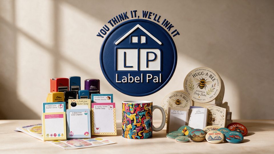 LabelPal: you think it, we'll ink it. Custom stamps, notepads, mugs, badges and labels.