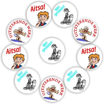 140 Afrikaans Stickers | Boys-Surfing-skateboard: Aitsa! Welgedaan, reward sticker for the classroom