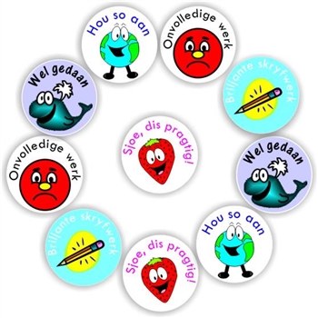 140 Afrikaans Stickers | Sad ,Happy faces : Incomplete work, Hou so aan, reward sticker for the classroom