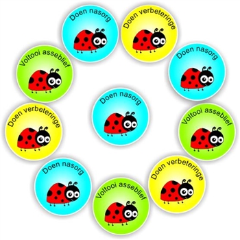 140 Afrikaans Stickers | Ladybugs : Corrective-Doen nasorg, reward sticker for the classroom