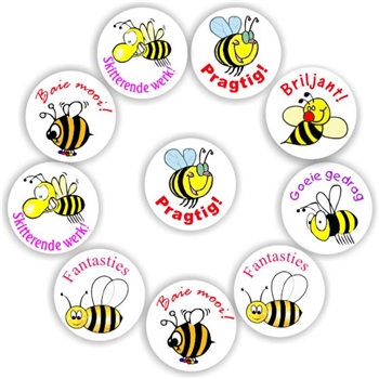 140 Afrikaans Stickers | Happy Bees : Pragtig, Briljant, reward sticker for the classroom