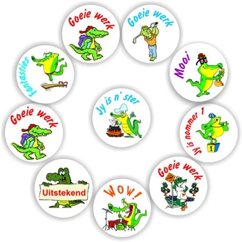 140 Afrikaans Stickers | Crocodiles "cooking, golf :Goeie werk, reward sticker for the classroom