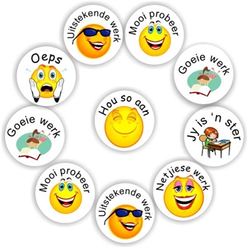 140 Afrikaans Stickers | Smiley Faces- Oeps - Hou so aan, reward sticker for the classroom