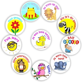 140 Afrikaans rtickers-Frog, Zebra, Monkey-Wat 'n naweek, Trots op jou, reward sticker for the classroom