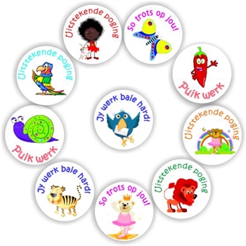 140 Afrikaans Stickers | Birds, snail, bear, lion -Uitstekende poging, reward sticker for the classroom