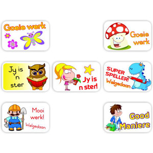 105 Afrikaans Stickers | Mushroom, Dinosaur, Owl : Goed maniere, Jy is 'n ster, reward sticker for the classroom