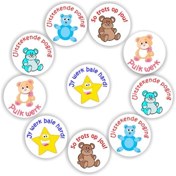 140 Afrikaans Stickers | Teddy bears & stars: Puik werk, reward sticker for the classroom