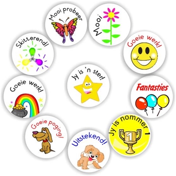 120 Afrikaans Stickers | Trophy, Lightbulb, Rainbow -Jy is nommer 1, reward sticker for the classroom
