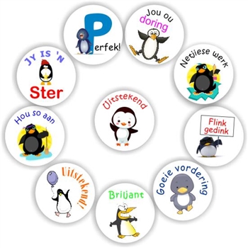 120 Afrikaans Stickers | Penguins : Perfek, reward sticker for the classroom