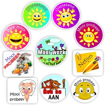 140 Afrikaans Stickers | Smiley Suns & Animals: Mooi probeer, reward sticker for the classroom