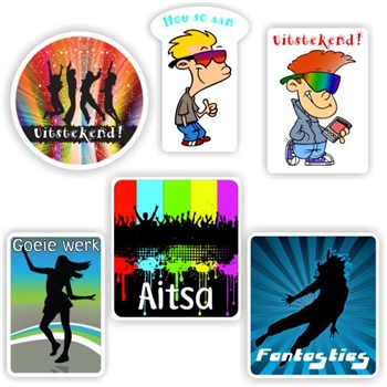 90 Afrikaans Stickers : Colourful, Teens dancing- Uitstekend, reward sticker for the classroom