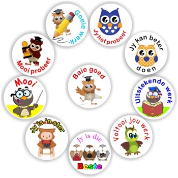 140 Afrikaans Stickers | Owls: Goeie werk, Jy het probeer, reward sticker for the classroom