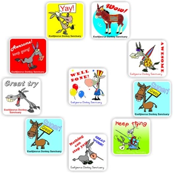 48 Large Teachers Reward stickers | Donkeys- in various poses, Awesome work, reward sticker for the classroom