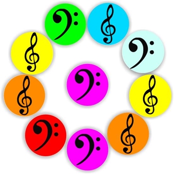 140 Music Stickers | Treble & Bass Clefs on Bright Colour Circles, reward sticker for the classroom