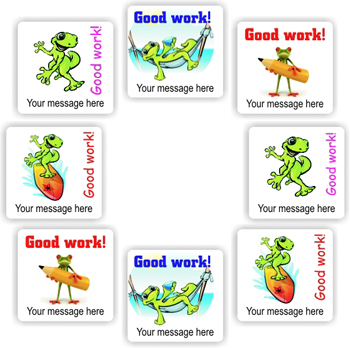 140 Personalised Stickers | Geckos Leaping, Lounging & Surfing : Good work!, teacher reward sticker sheet