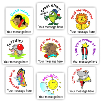 140 Personalised Stickers | Hedgehog, Lion, Butterfly & Hippo : Good work!, teacher reward sticker sheet
