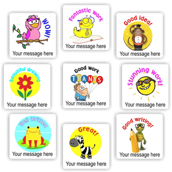 140 Personalised Stickers | Owl, Monkey, Zebra & Frog : Neat writing, Good writing!, teacher reward sticker sheet