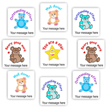 110 Personalised Stickers | Teddy Bears & Stars : Beary good work, Outstanding effort, teacher reward sticker sheet