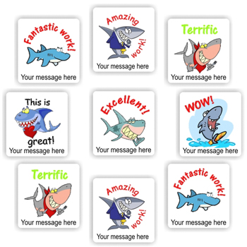 140 Personalised Stickers | Cartoon Sharks : Fantastic work! Amazing work! WOW!, teacher reward sticker sheet