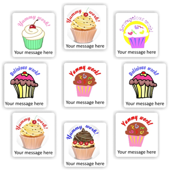 140 Personalised Stickers | Cupcakes : Yummy work! Delicious work! Scrumptious work!, teacher reward sticker sheet