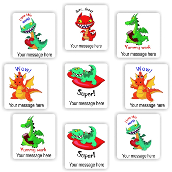 110 Personalised Stickers | Cartoon Dragons : Grrr...Great! Super! Wow!, teacher reward sticker sheet