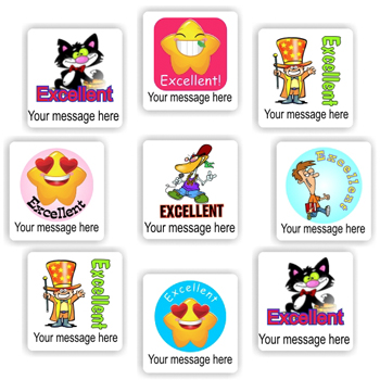 120 Personalised Stickers | Cat, Duck, Star & Smileys : Excellent!, teacher reward sticker sheet