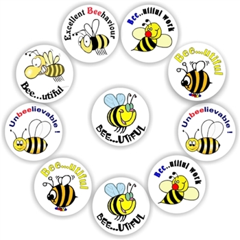 140 Teacher's reward stickers- Bees, Excellent bee.haviour, bee..utiful, reward sticker for the classroom