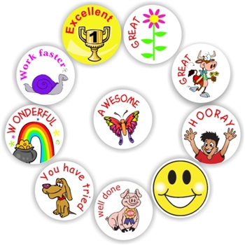 140 Teacher's reward stickers-Rainbow, Snail, Trophy, Smiley-Positive messages, reward sticker for the classroom