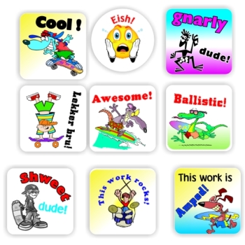 140 Teacher's reward stickers-Boys skating & surfing, Cool, Gnarly, reward sticker for the classroom