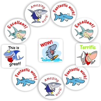 108 Teacher's reward stickers-Happy Sharks-Fantastic work, reward sticker for the classroom