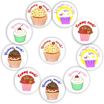 140 Teacher's reward stickers-Cup-cake -Yummy work, scrumptious work, reward sticker for the classroom