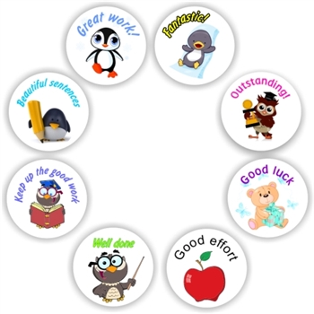 88 Teacher's reward stickers-.Penguin & Owl, Keep up the good work, reward sticker for the classroom