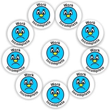 140 Teacher's stickers-Incomplete work -blue sad face, reward sticker for the classroom