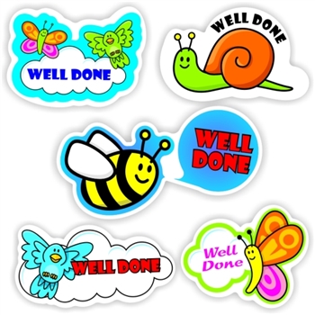 50 Teacher's reward stickers, Shaped stickers, Bees, bugs & butterflies -Well done, reward sticker for the classroom