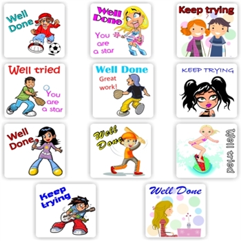 88 Large Teacher's Stickers | Teens dancing, sport : Well done, reward sticker for the classroom