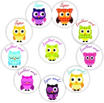 108 Teachers Reward Stickers Colourful Owls-Super, Excellent work, reward sticker for the classroom