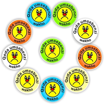 140 Isi-zulu Stickers | A sad face Qeda umsebenzi wakho- (Complete your work), reward sticker for the classroom