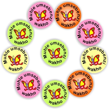 140 Isi-zulu Stickers | Butterflies with colourful backgrounds: Muhle umsebenzi wakho- (Good work!), reward sticker for the classroom