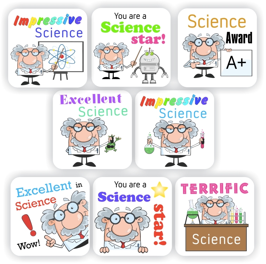 Science Stickers | Wild-Haired Professor, Atoms & Test Tubes : Impressive Science, Science Award A+, reward sticker for the classroom