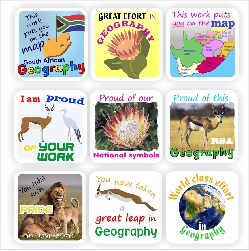 108 Stickers | Geography South African Emblems, Protea, Springbok, reward sticker for the classroom