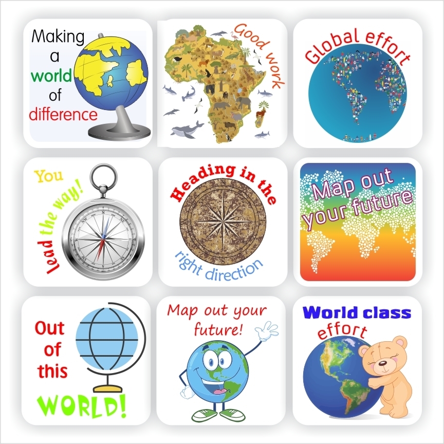 108 GeographyStickers | , Compass, Maps & Globe, reward sticker for the classroom