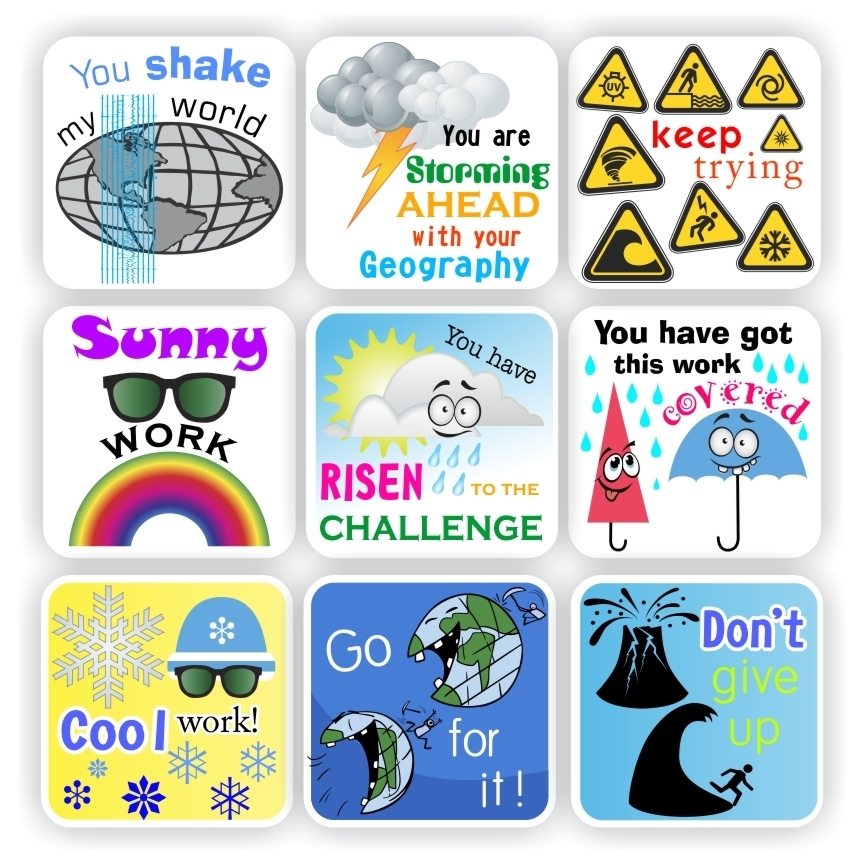 108 Geography Stickers | Weather & Natural Disasters : Sunny work, reward sticker for the classroom