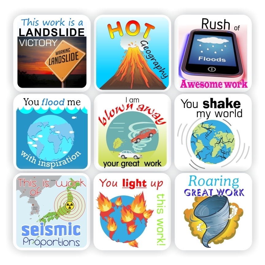 108 Geography Stickers | Volcano, Tsunami , Earthquakes, Hurricane, reward sticker for the classroom