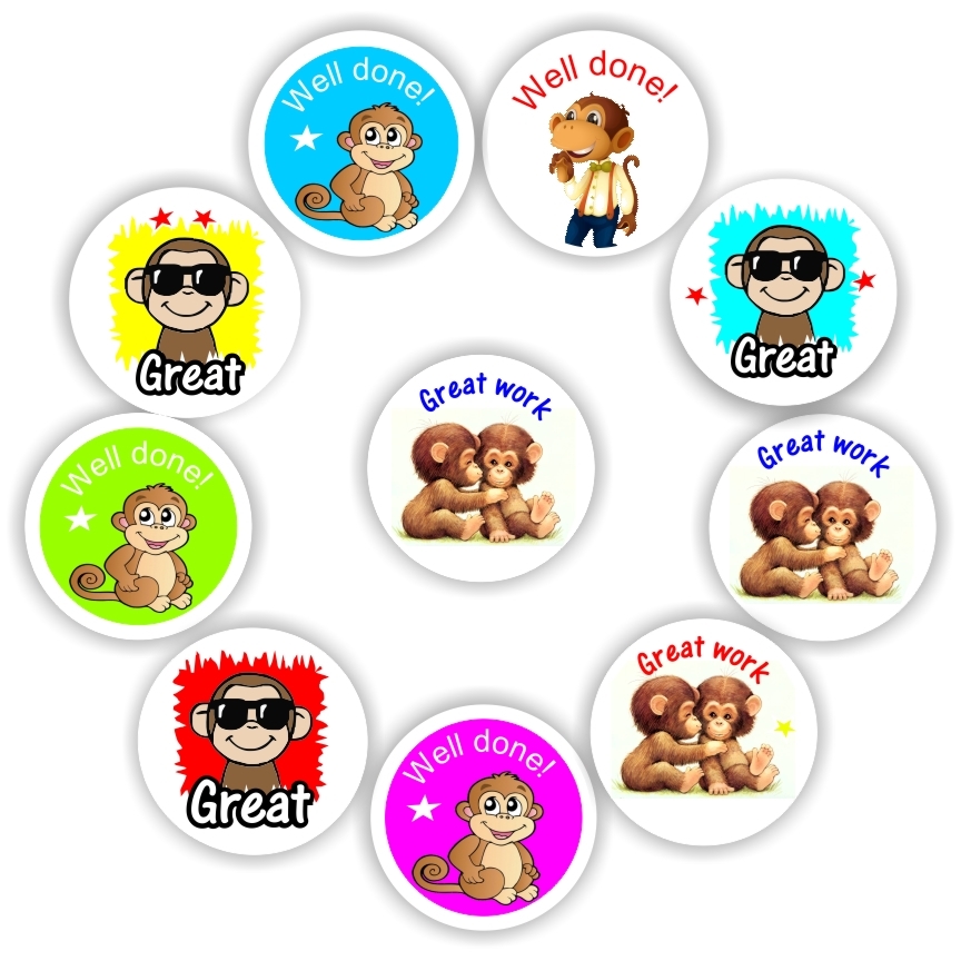 140 Teachers Reward Stickers - Well done & Great work - Monkey, reward sticker for the classroom