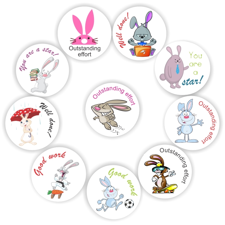 140 Teachers Reward Stickers-Bunny & Rabbit-Outstanding effort, reward sticker for the classroom