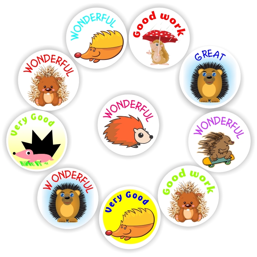 140 Teachers Reward Stickers - Hedgehog- Good work, Wonderful, Great, reward sticker for the classroom