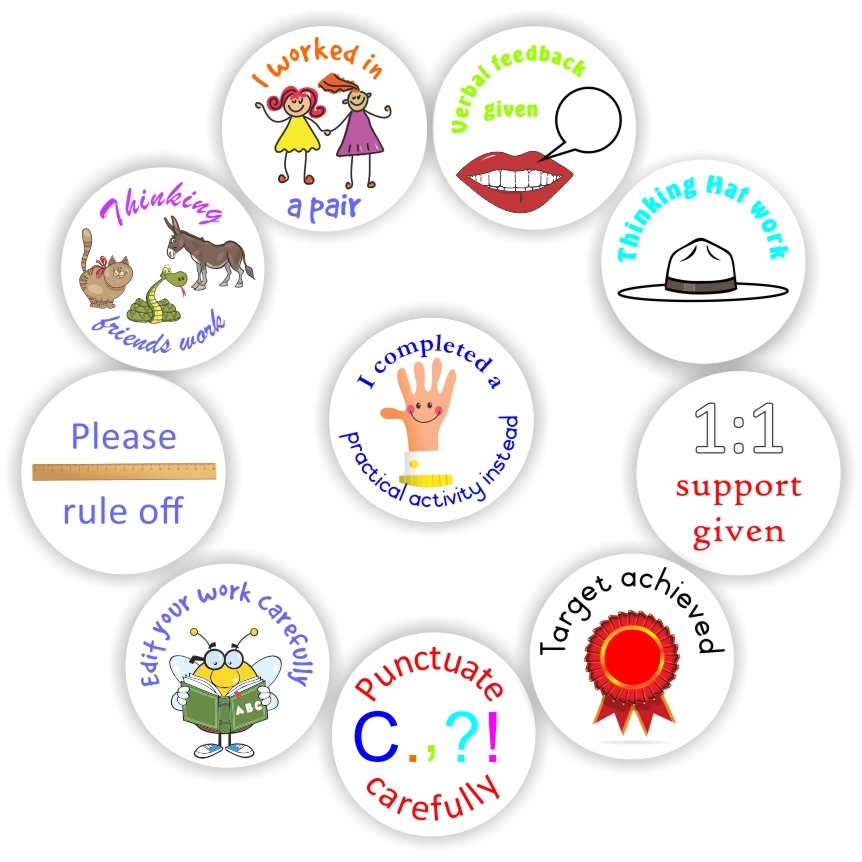 130 Teachers Stickers - Corrective- Edit your work carefully, Punctuate carefully, Rule off, I worked in a pair, reward sticker for the classroom
