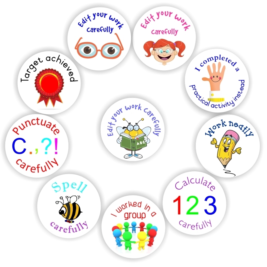 130 Teachers Stickers - Corrective- Edit your work carefully, Punctuate carefully, Rule off, I worked in a pair, reward sticker for the classroom, photo 2