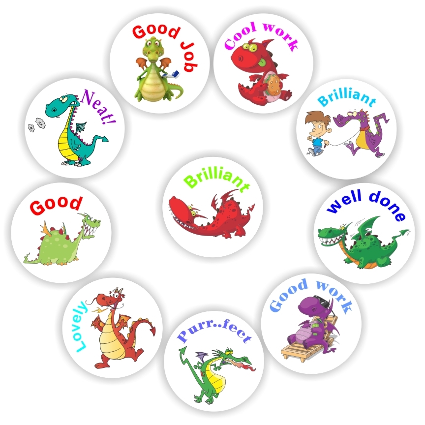 140 Teachers Reward Stickers - Dragons- Neat, Brilliant, Good job!, reward sticker for the classroom